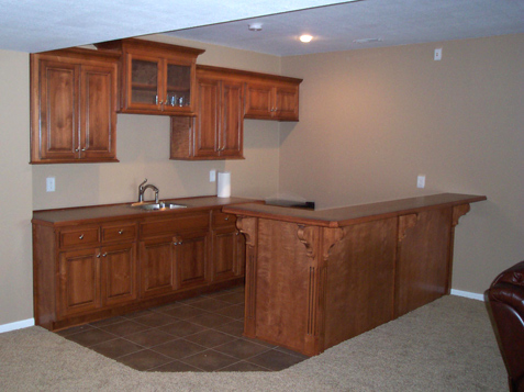 Basement Kitchen with Snack Bar - Fluted Trim accents with Wood Corbels